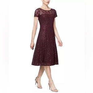 Burgundy Sequined Lace Midi Dress